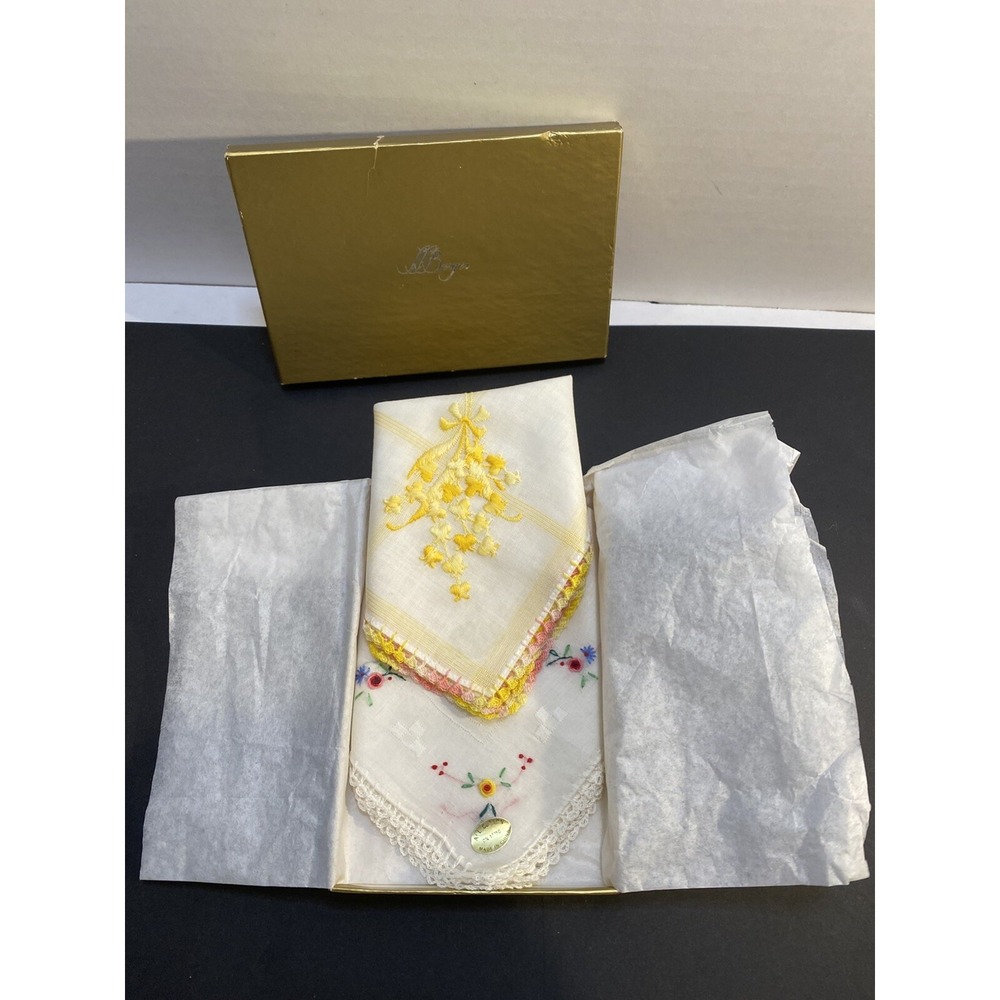Vintage Embroidered Crochet Edge White Linen handkerchiefs w/ Floral Set Of 2